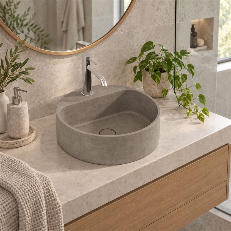400x400x140mm Round Above Counter Concrete Basin Pop Up Waste Included In Various Colour