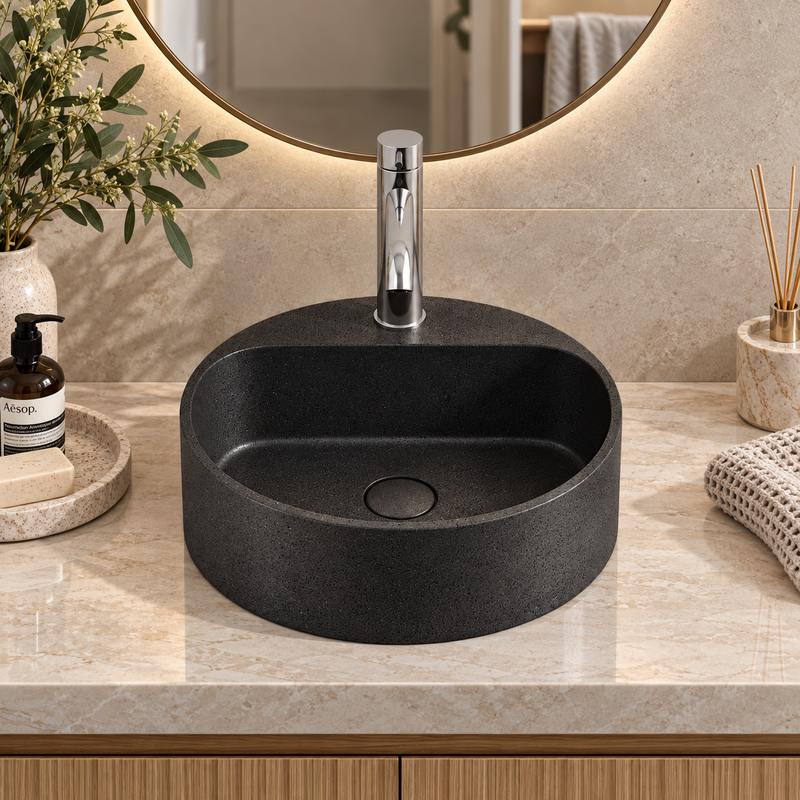 400x400x140mm Round Above Counter Concrete Basin Pop Up Waste Included In Various Colour