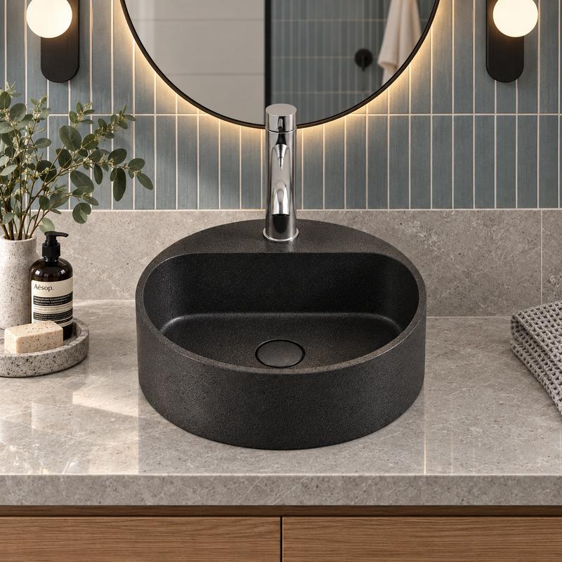 400x400x140mm Round Above Counter Concrete Basin Pop Up Waste Included In Various Colour