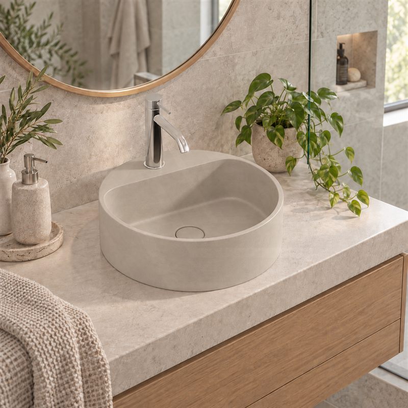 400x400x140mm Round Above Counter Concrete Basin Pop Up Waste Included In Various Colour