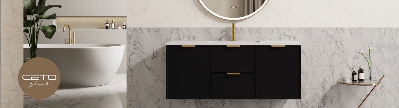 CETO bathroom with round mirror, fluted vanity, and matching bath