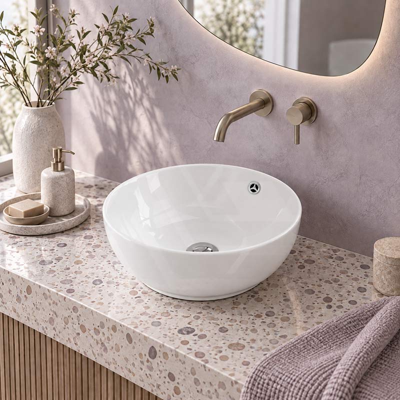 Above Counter Ceramic Basin with Overflow Round 380x380x150mm - Gloss White