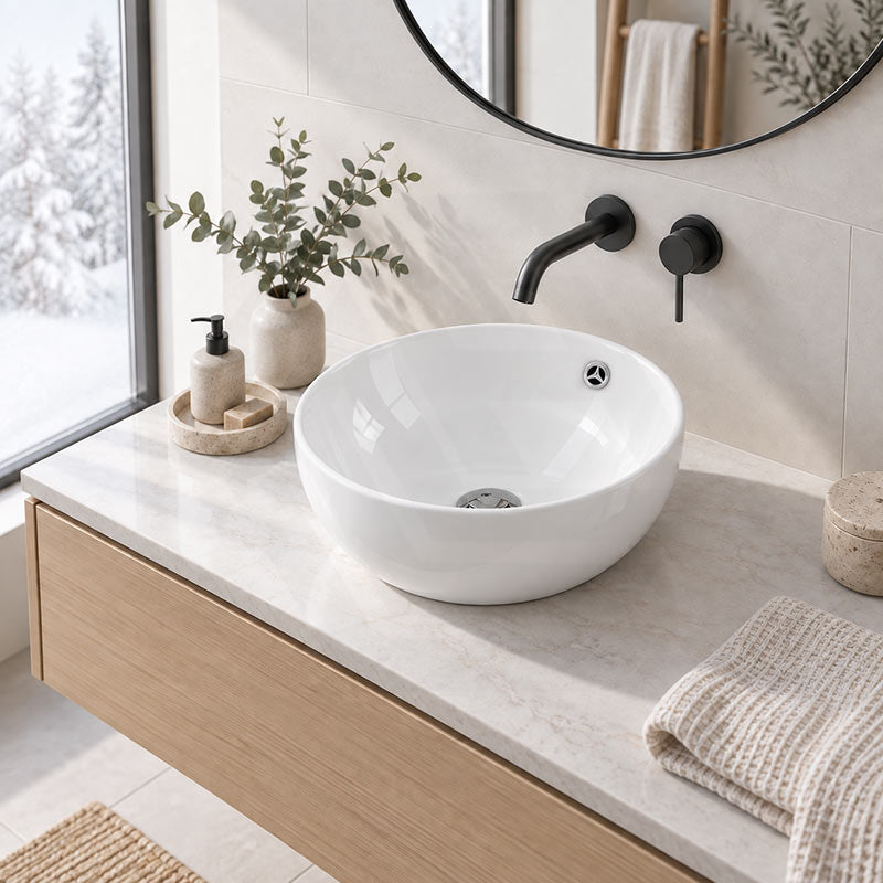 Above Counter Ceramic Basin with Overflow Round 380x380x150mm - Gloss White