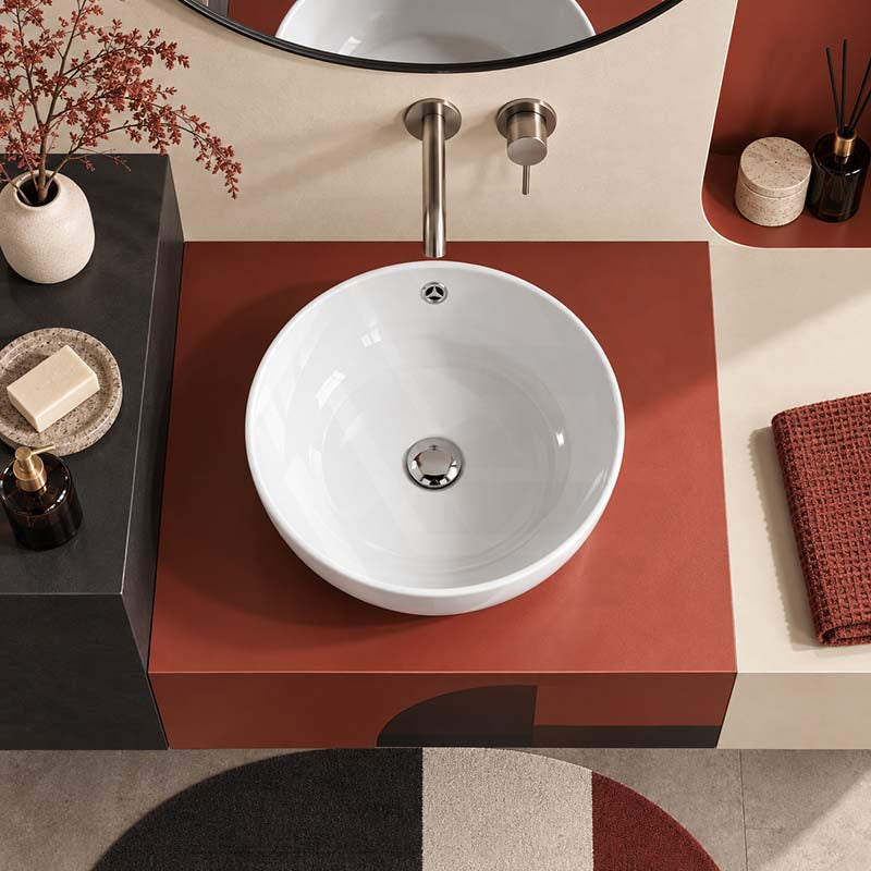 Above Counter Ceramic Basin with Overflow Round 380x380x150mm - Gloss White