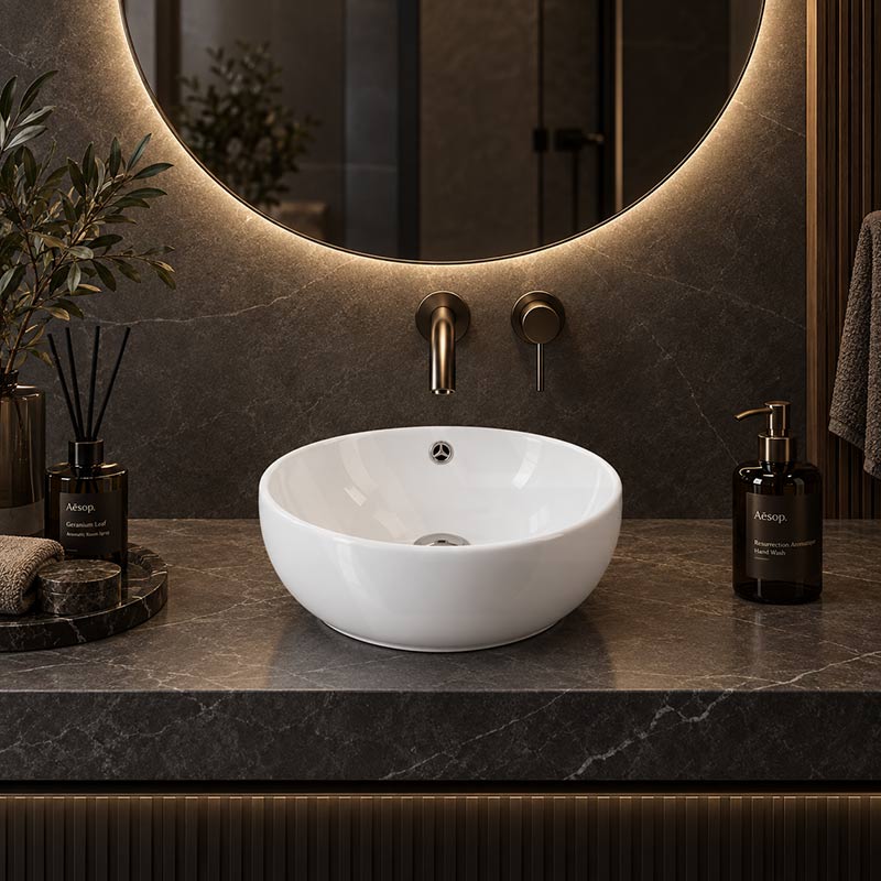 Above Counter Ceramic Basin with Overflow Round 380x380x150mm - Gloss White