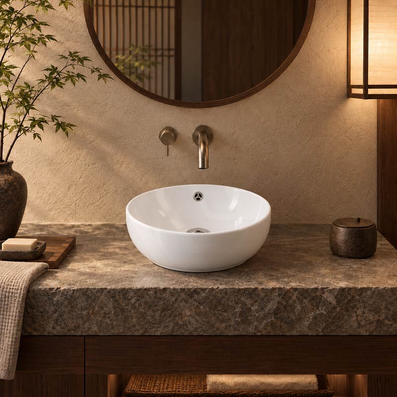 Above Counter Ceramic Basin with Overflow Round 380x380x150mm - Gloss White