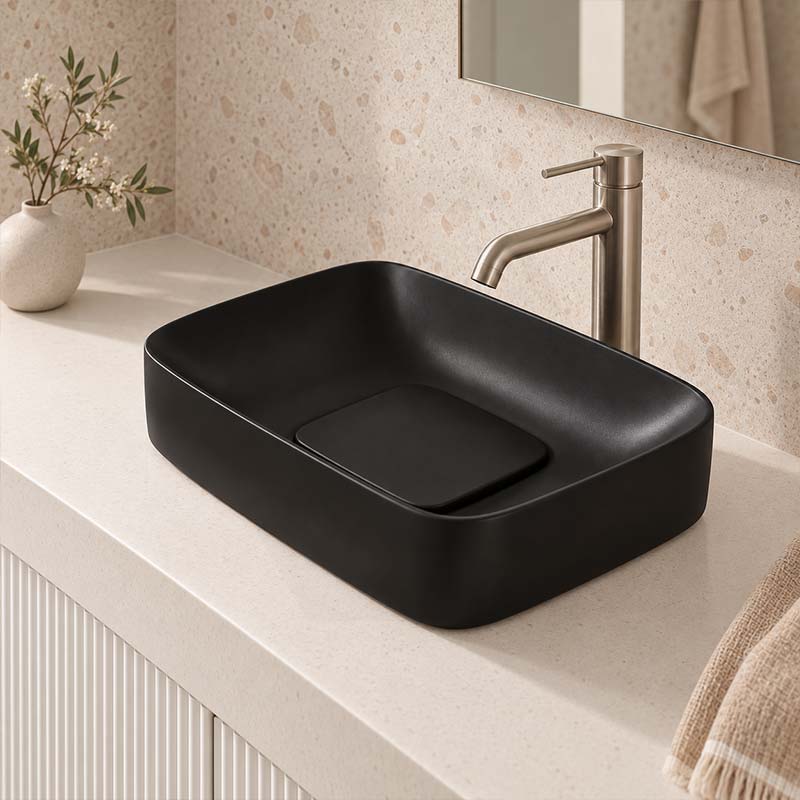 Rectangle Ceramic Above Counter Basin with Decorative Board 600x375x145mm - Matte Black