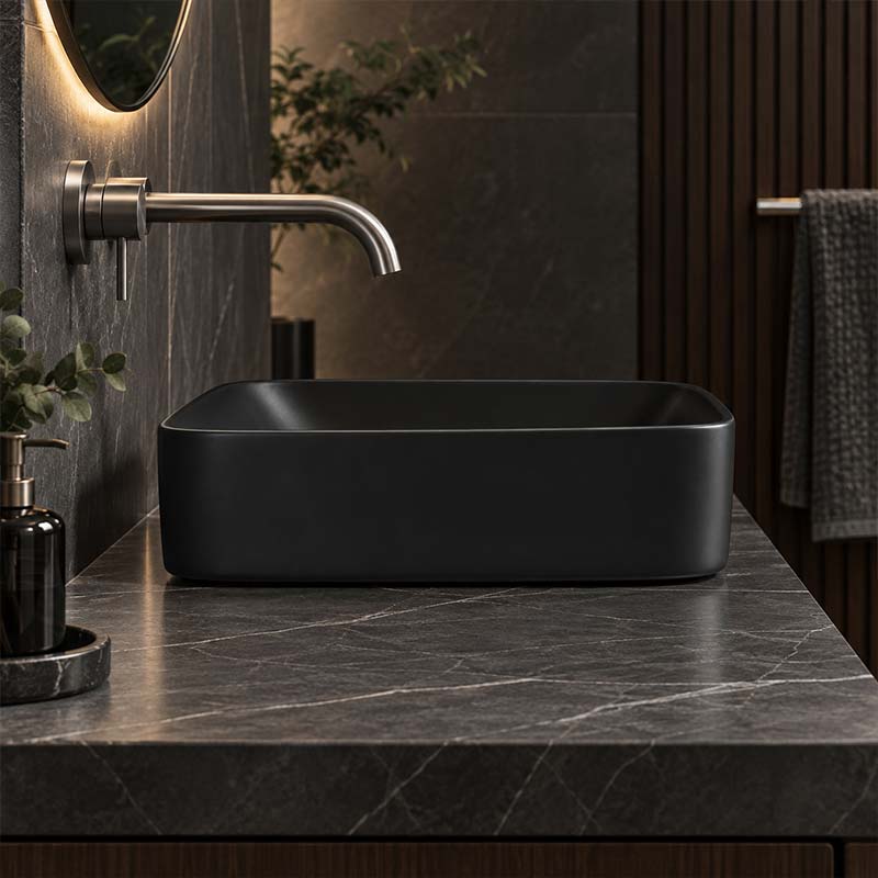Rectangle Ceramic Above Counter Basin with Decorative Board 600x375x145mm - Matte Black