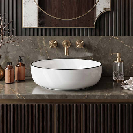 Round Ceramic Above Counter Basin with Black Rim 415x415x135mm - Gloss White