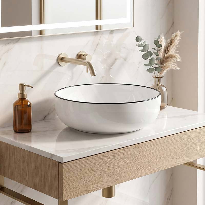 Round Ceramic Above Counter Basin with Black Rim 415x415x135mm - Gloss White