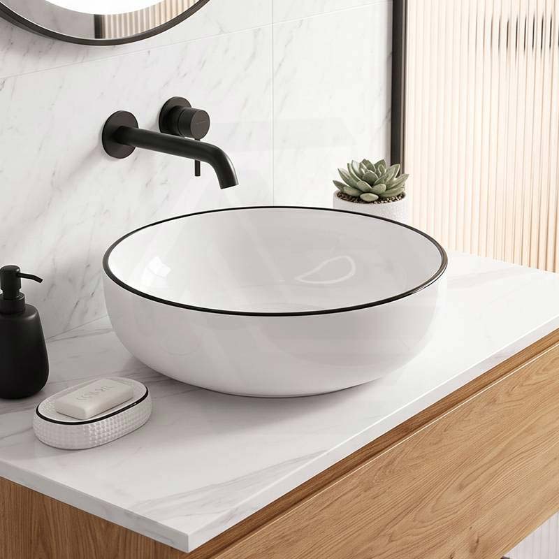 Round Ceramic Above Counter Basin with Black Rim 415x415x135mm - Gloss White