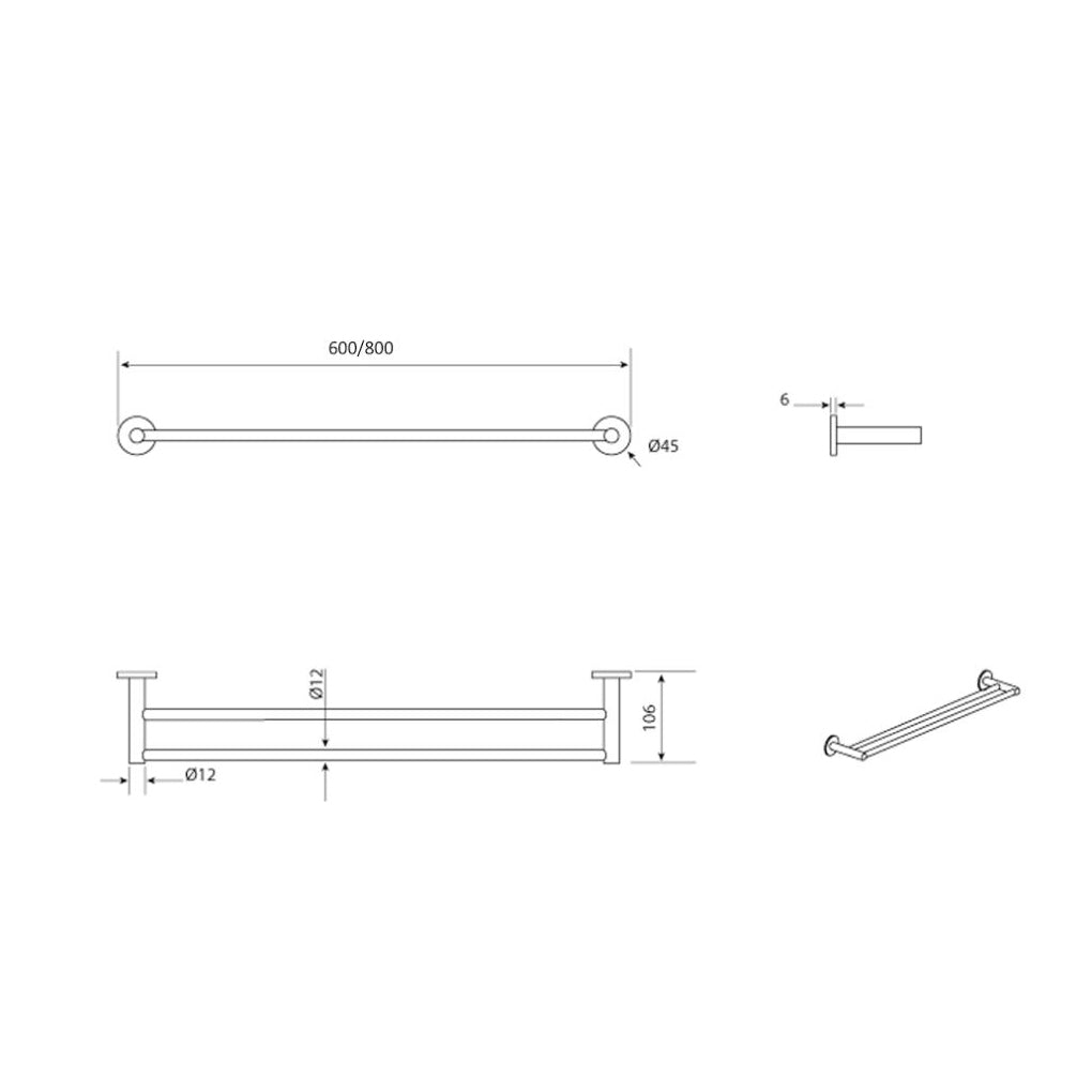 Bella Vista Mica 600/800mm Round Double Towel Rail Stainless Steel Cut to Size Variant Colour Available