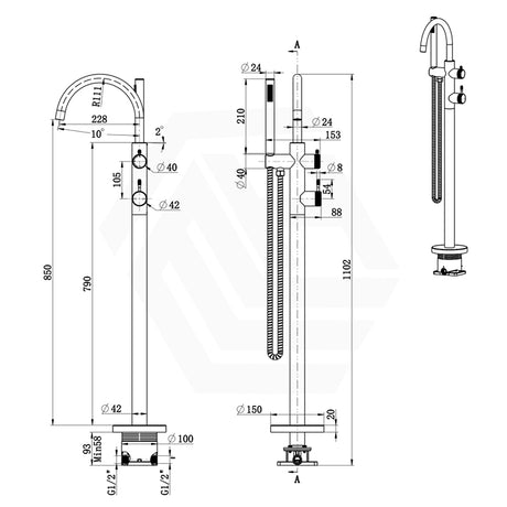 Bella Vista Mica Fluted Freestanding Stainless Steel Floor Mounted Mixer Tap with Hand Shower in Various Colours