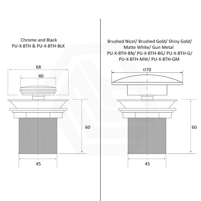 Bella Vista Corby Bath Pop-Up Waste 40mm NO Overflow Variant Colour Available