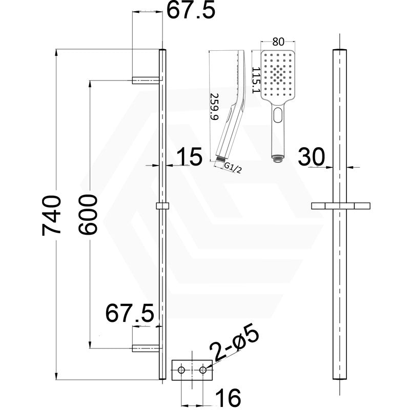 Bella Vista Cresta Square Single Shower Rail with Handheld Set Universal Inlet Variant Colour Available