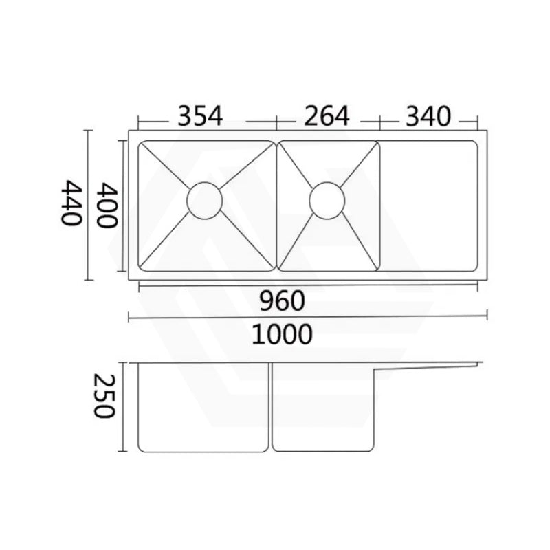 1000x440x250mm Bella Vista Luminare 1.2mm Top/Undermount Double Bowls Kitchen Sink with Drainer Board Stainless Steel