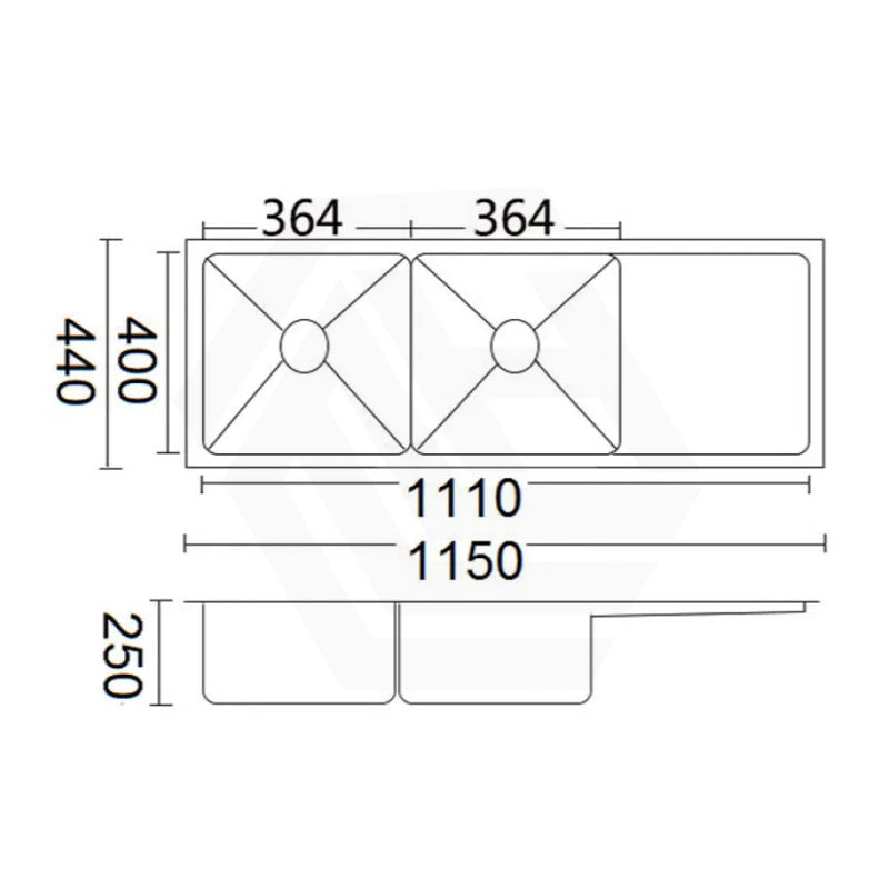 1150x440x250mm Bella Vista Luminare 1.2mm Top/Undermount Double Bowls Kitchen Sink with Drainer Board Stainless Steel
