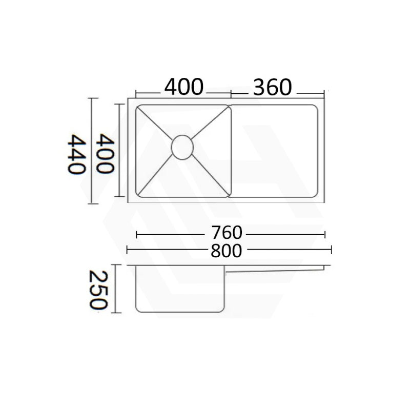 800x440x250mm Bella Vista Luminare 1.2mm Top/Undermount Single Bowl Kitchen Sink with Drainer Board Stainless Steel