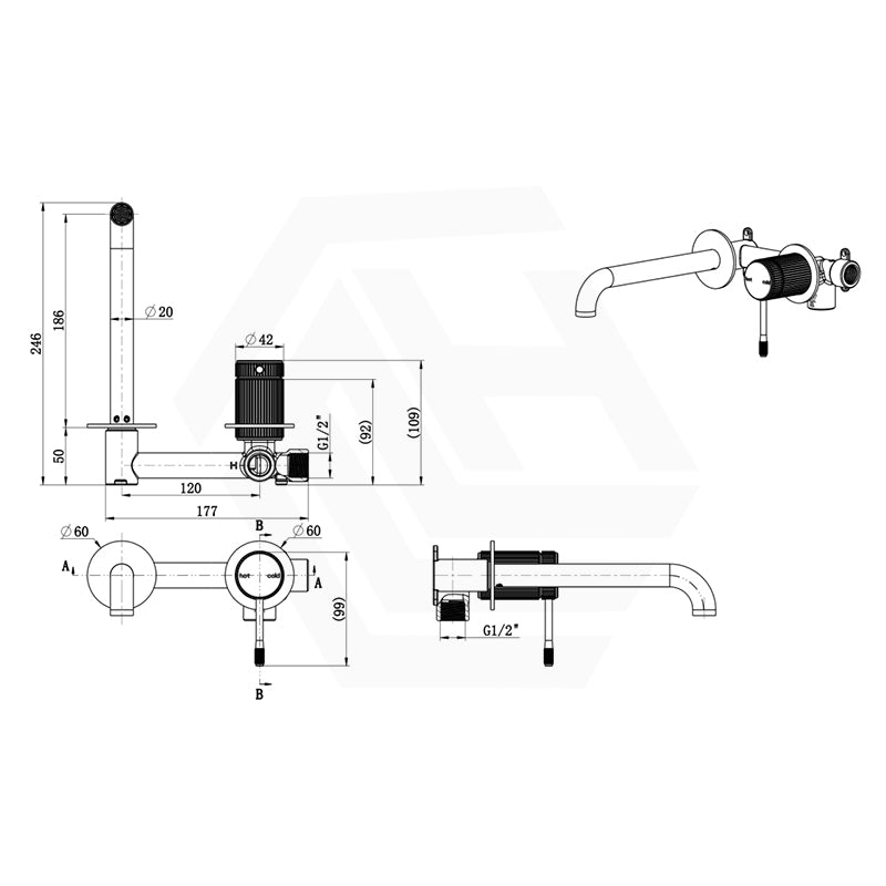 Bella Vista Mica Fluted Stainless Steel 186mm Wall Mixer Spout Set Variant Colour Available