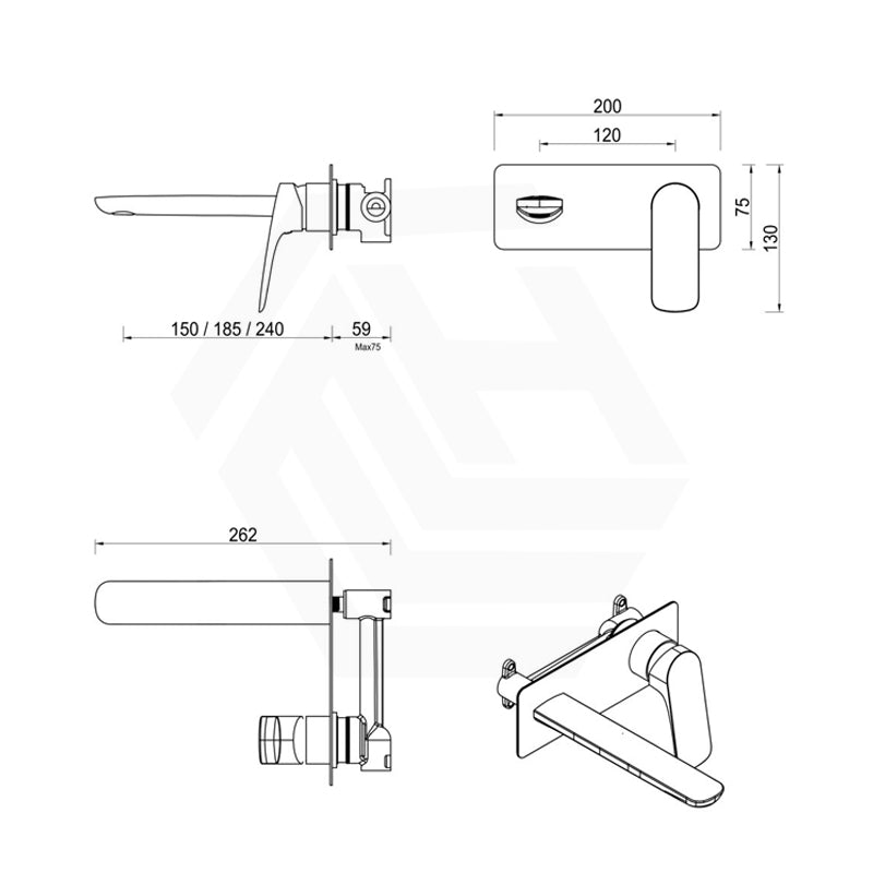 Bella Vista Kaza 185mm Rectangle Wall Mixer with Spout Variant Colour Available