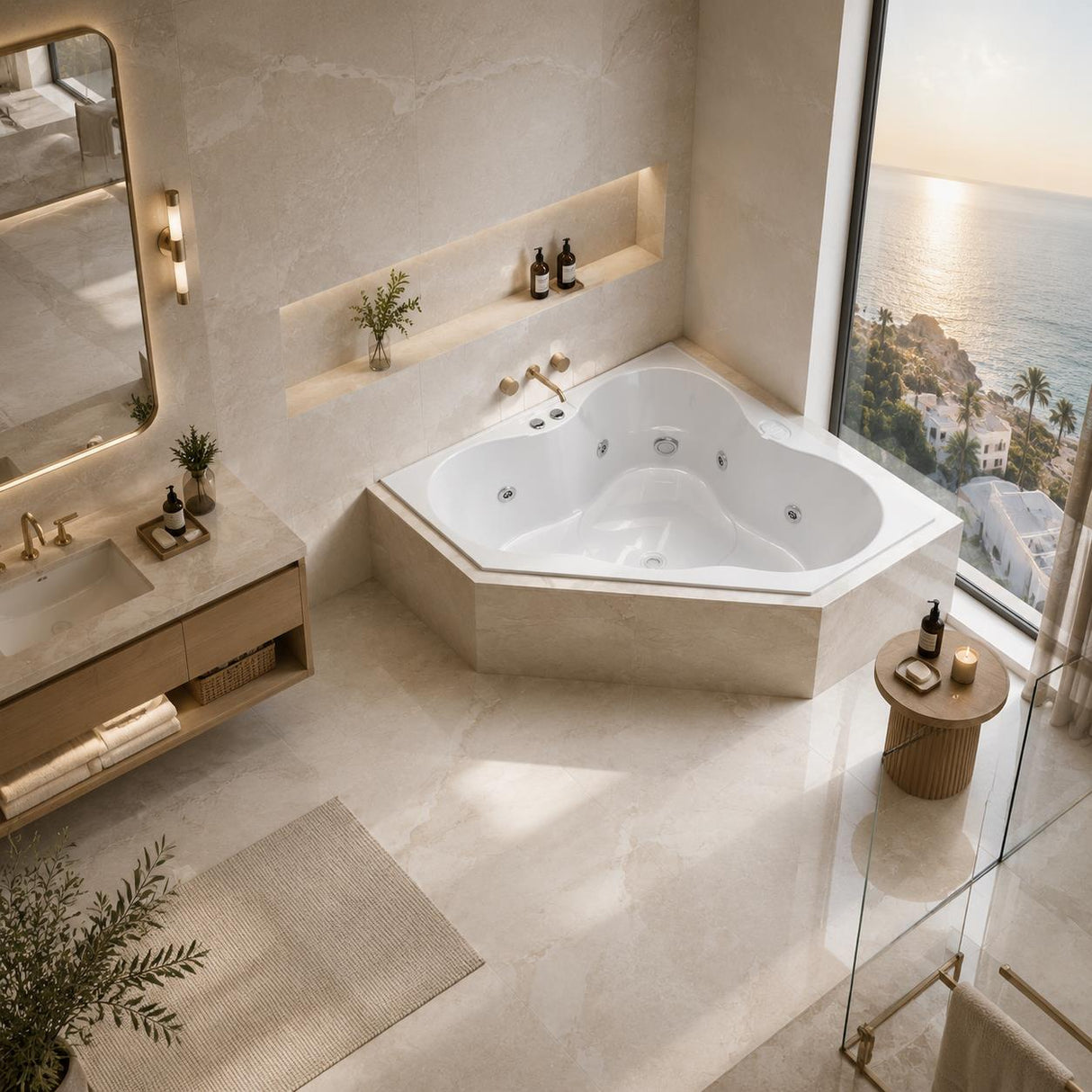 Broadway Almina Spa Bathtub Corner Drop-in Tub with Jets 1285x1285x455mm - Gloss White