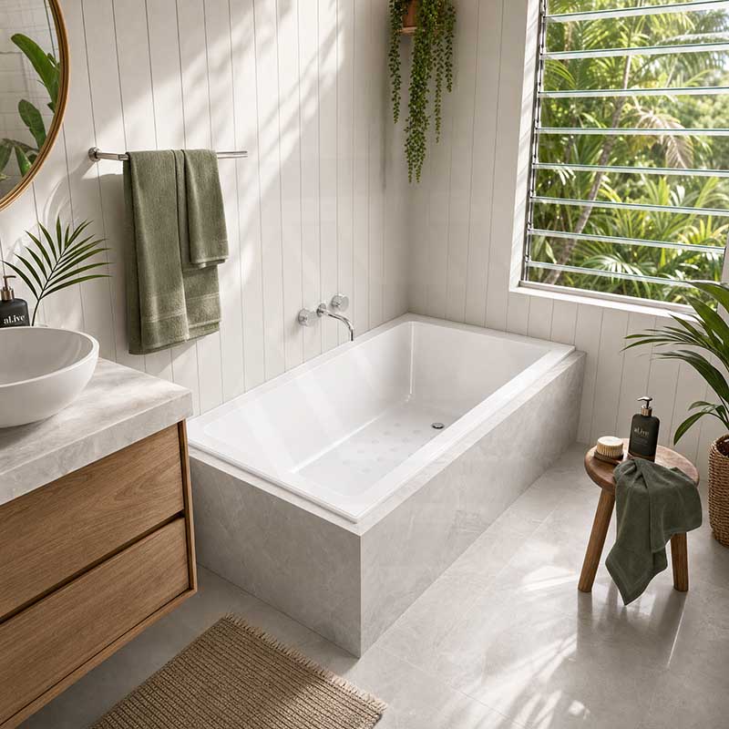Broadway Alpha Bath Rectangle Acrylic Drop In Bathtub With Non-slip Base & Tiling Bead Available 1490/1700/1800mm Gloss White