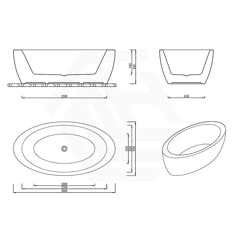 Broadway Aplauso 1800/1930mm Oval Acrylic Freestanding Bathtub