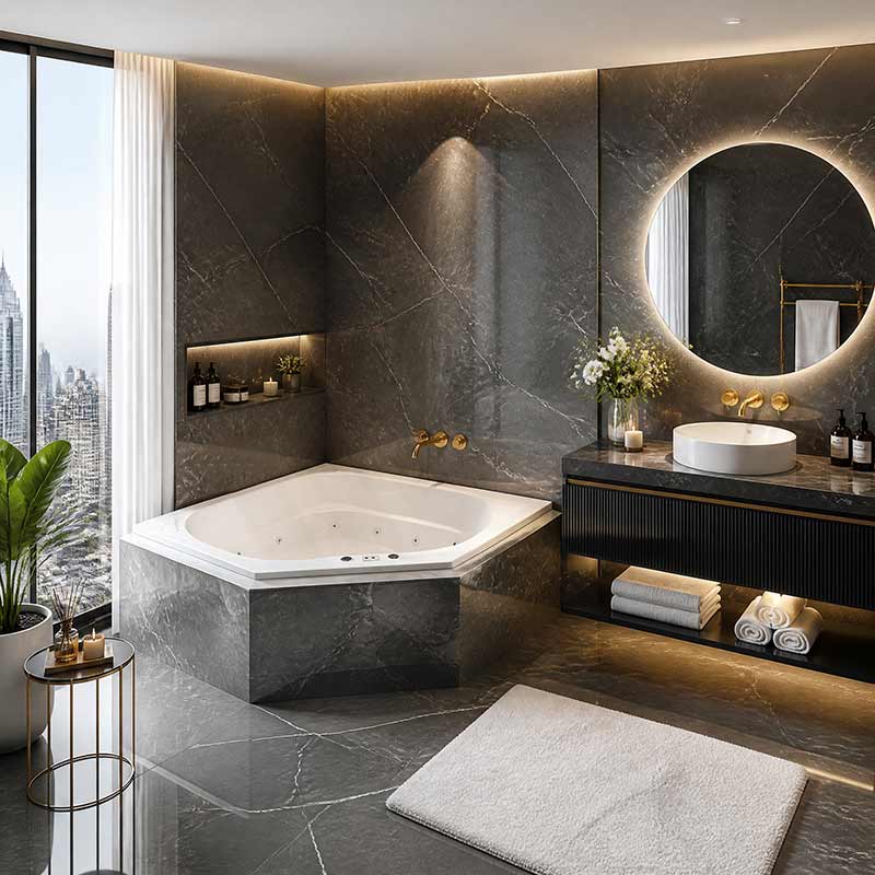 Broadway Barda Spa Bathtub Corner Drop-in Tub with Jets 1480x1480x550mm  - Gloss White