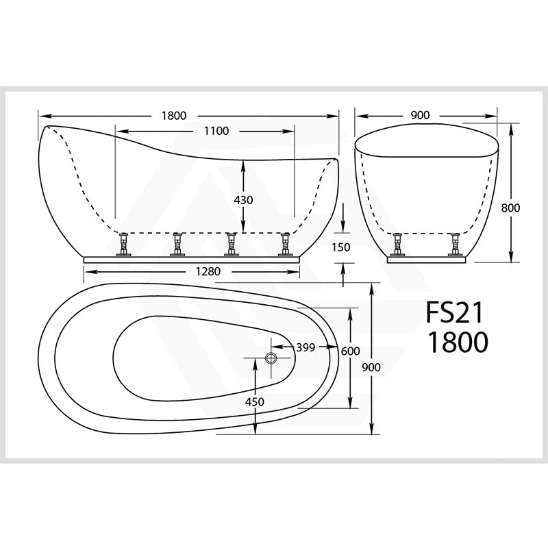 Broadway Fs21 1800X900X800Mm Oval Acrylic Freestanding Spa Bathtub Baths