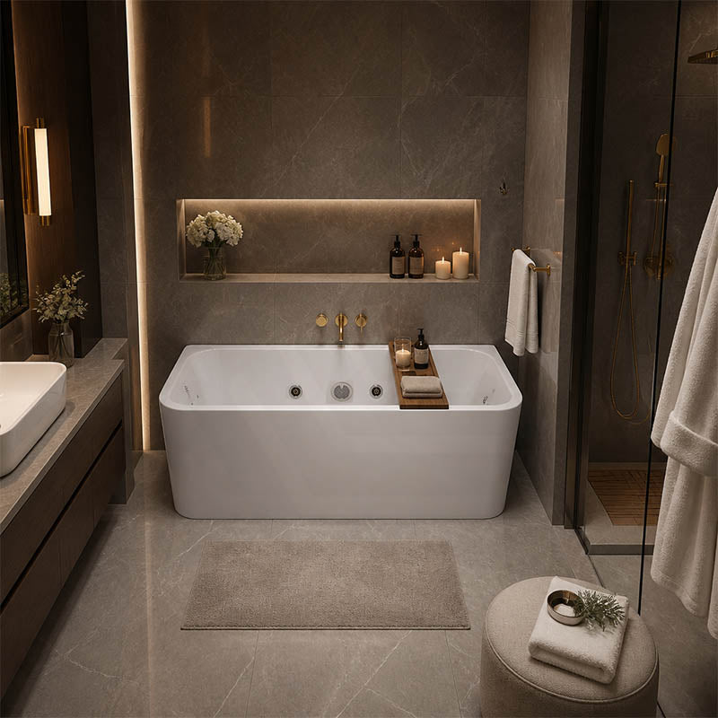 Broadway FS38 Spa Bath Back To Wall Tub Slim Edge 1500x750x600mm - Gloss White