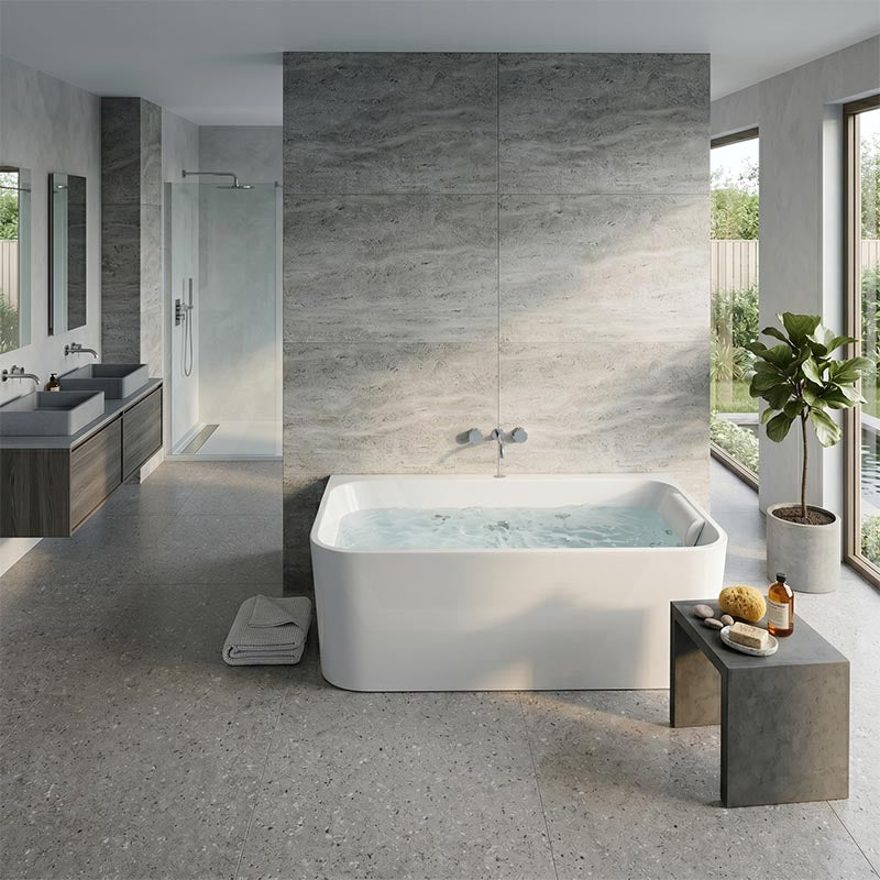 Broadway FS38 Spa Bath Back To Wall Tub Slim Edge 1500x750x600mm - Gloss White