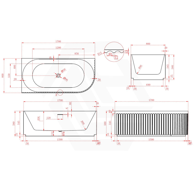 Broadway Oviedo 1700x800x580mm Left/Right Corner Back to Wall Spa Bathtub Acrylic Gloss White/Matt White