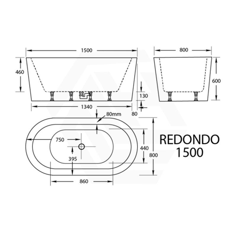 Broadway Redondo 1500/1700x800x600mm Oval Acrylic Freestanding Bathtub