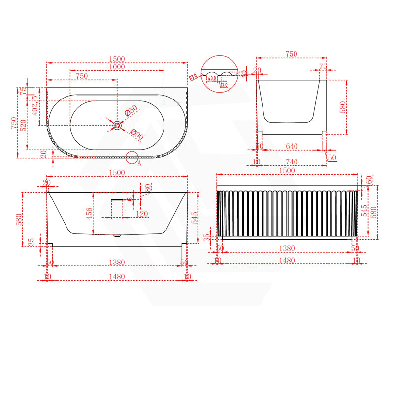 Broadway Salamanca 1500/1700mm Back to Wall Spa Bathtub Acrylic Gloss White/Matt White