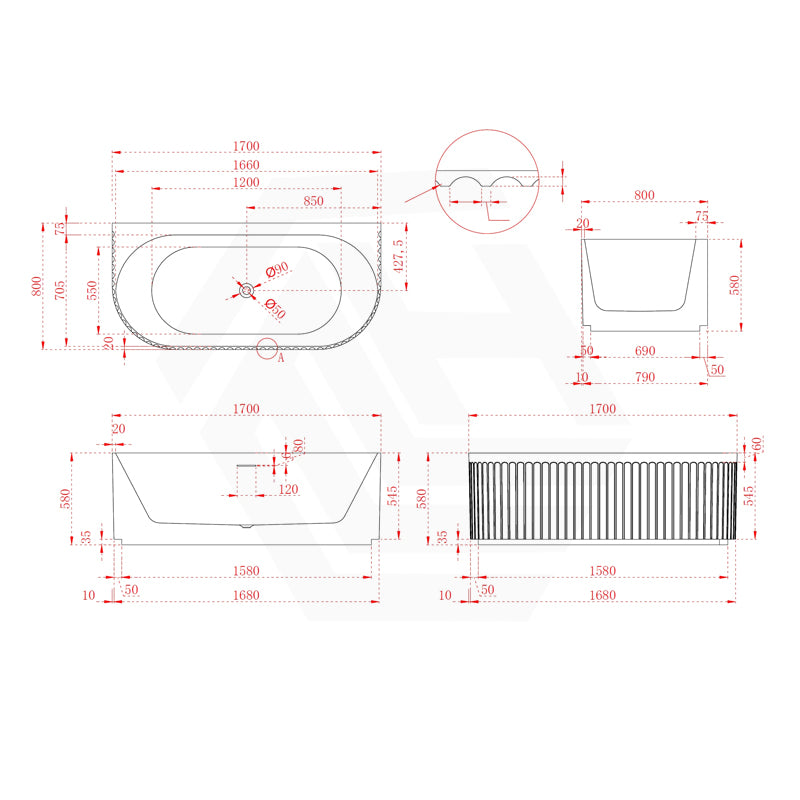 Broadway Salamanca 1500/1700mm Back to Wall Spa Bathtub Acrylic Gloss White/Matt White