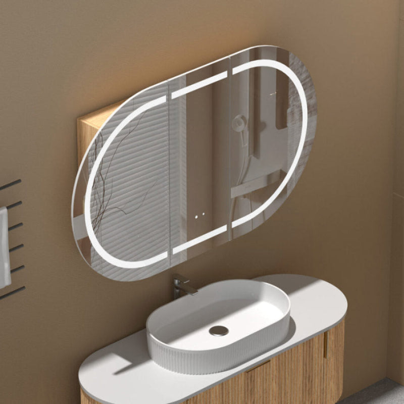 900/1200mm Carysil Plywood Oval Wall Hung Motion Sensor LED Shaving Cabinet Walnut Finish for Bathroom