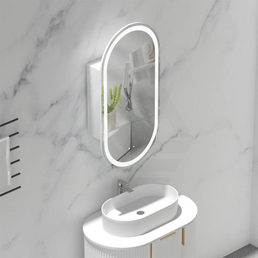 450x900mm Carysil Plywood Wall Hung Oval Motion Sensor LED Shaving Mirror Cabinet Matt White/Walnut for Bathroom