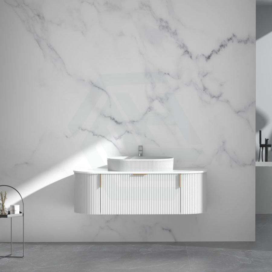 750-1200mm Carysil Matt White Plywood Wall Hung Floating Vanity Fluted with 12 O'clock Tap Hole & Center Waste Hole Stone Top Brushed Gold Handle