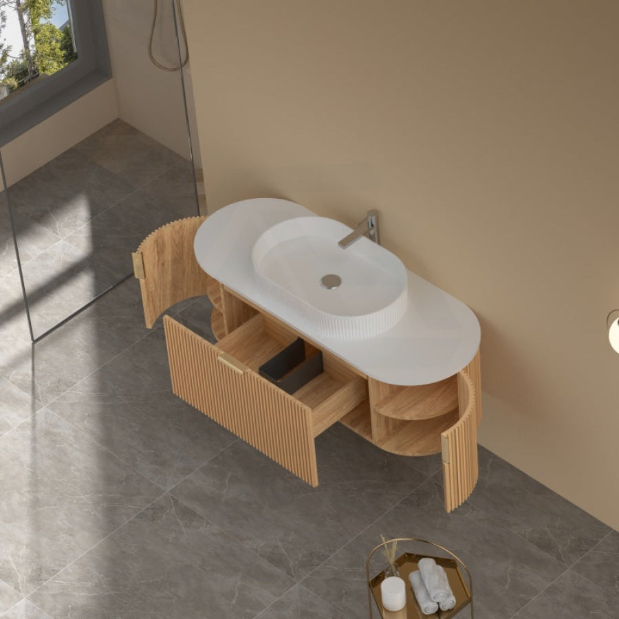 750-1200mm Carysil Walnut Plywood Wall Hung Floating Vanity Fluted with 12 O'clock Tap Hole & Center Waste Hole Stone Top Brushed Gold Handle