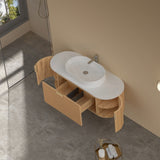 750-1200mm Carysil Walnut Plywood Wall Hung Floating Vanity Fluted with 12 O'clock Tap Hole & Center Waste Hole Stone Top Brushed Gold Handle
