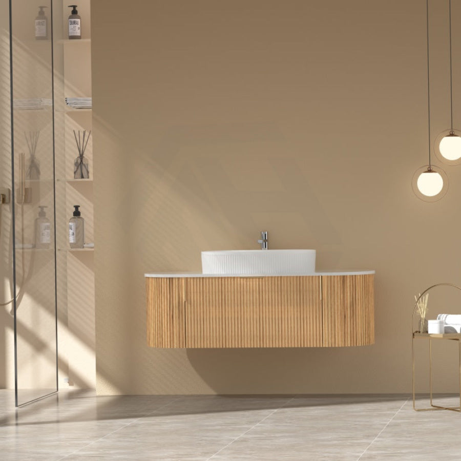 750-1200mm Carysil Walnut Plywood Wall Hung Floating Vanity Fluted with 12 O'clock Tap Hole & Center Waste Hole Stone Top Brushed Gold Handle