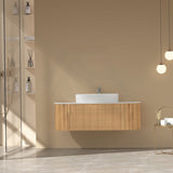 750-1200mm Carysil Walnut Plywood Wall Hung Floating Vanity Fluted with 12 O'clock Tap Hole & Center Waste Hole Stone Top Brushed Gold Handle
