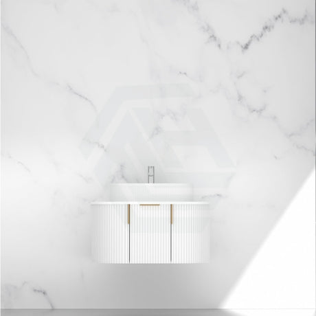 750-1200mm Carysil Matt White Plywood Wall Hung Floating Vanity Fluted with 12 O'clock Tap Hole & Center Waste Hole Stone Top Brushed Gold Handle