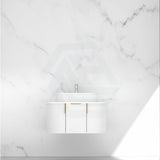 750-1200mm Carysil Matt White Plywood Wall Hung Floating Vanity Fluted with Stone Top Brushed Gold Handle
