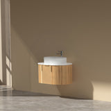 750-1200mm Carysil Walnut Plywood Wall Hung Floating Vanity Fluted with 12 O'clock Tap Hole & Center Waste Hole Stone Top Brushed Gold Handle