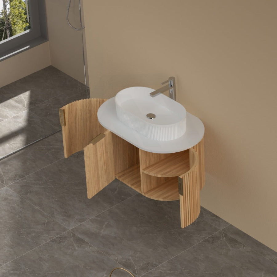 750-1200mm Carysil Walnut Plywood Wall Hung Floating Vanity Fluted with 12 O'clock Tap Hole & Center Waste Hole Stone Top Brushed Gold Handle