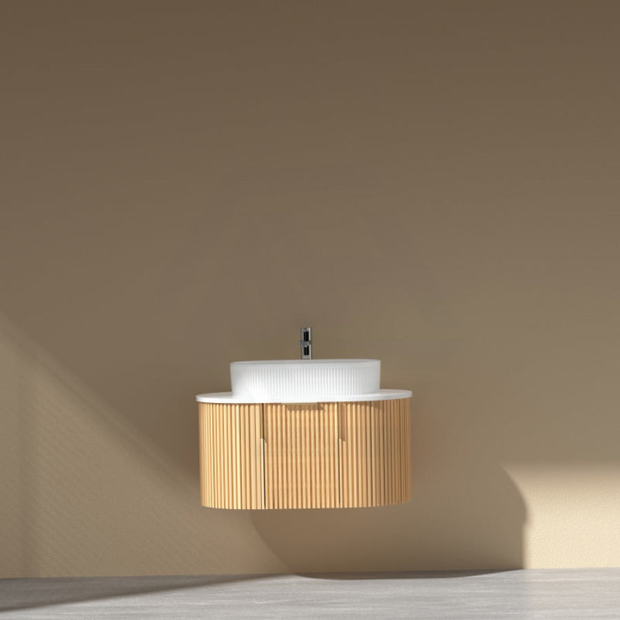 750-1200mm Carysil Walnut Plywood Wall Hung Floating Vanity Fluted with 12 O'clock Tap Hole & Center Waste Hole Stone Top Brushed Gold Handle