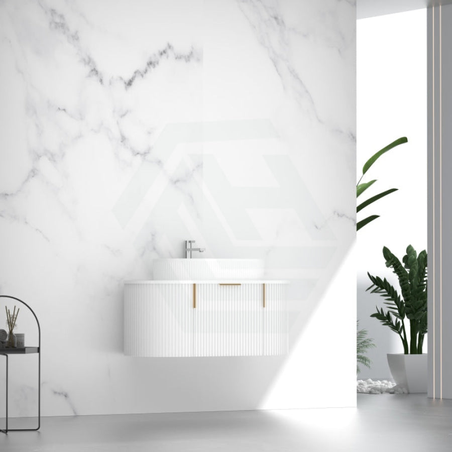 750-1200mm Carysil Matt White Plywood Wall Hung Floating Vanity Fluted with 12 O'clock Tap Hole & Center Waste Hole Stone Top Brushed Gold Handle