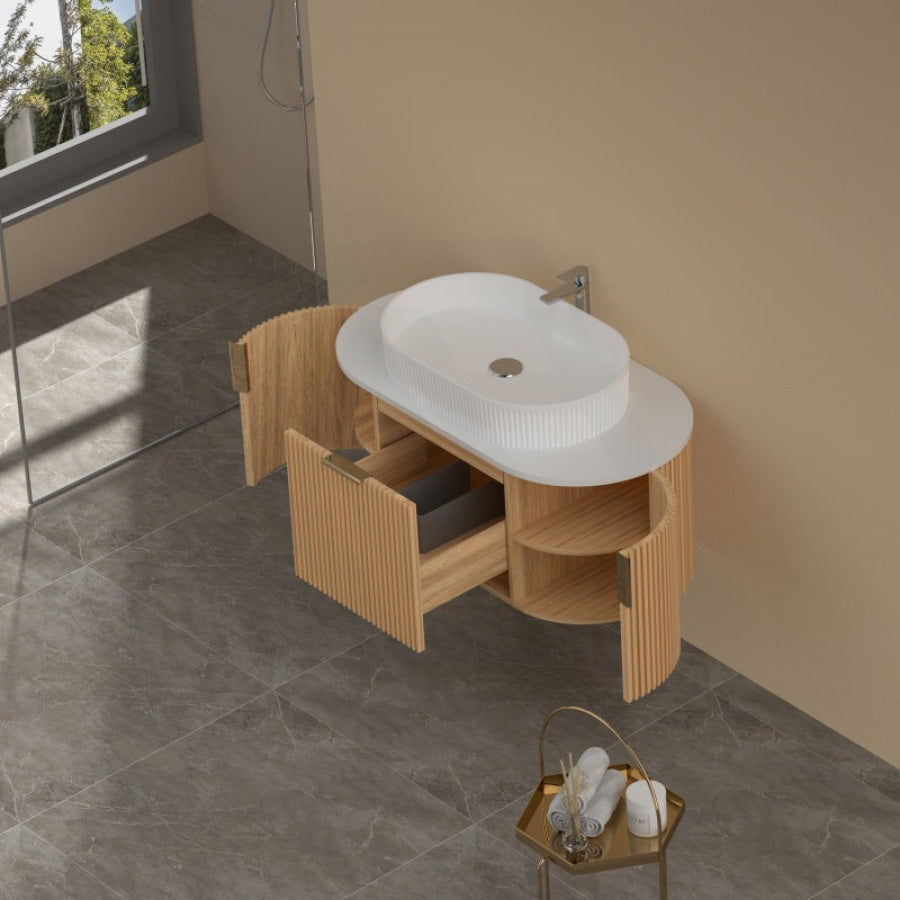 750-1200mm Carysil Walnut Plywood Wall Hung Floating Vanity Fluted with 12 O'clock Tap Hole & Center Waste Hole Stone Top Brushed Gold Handle