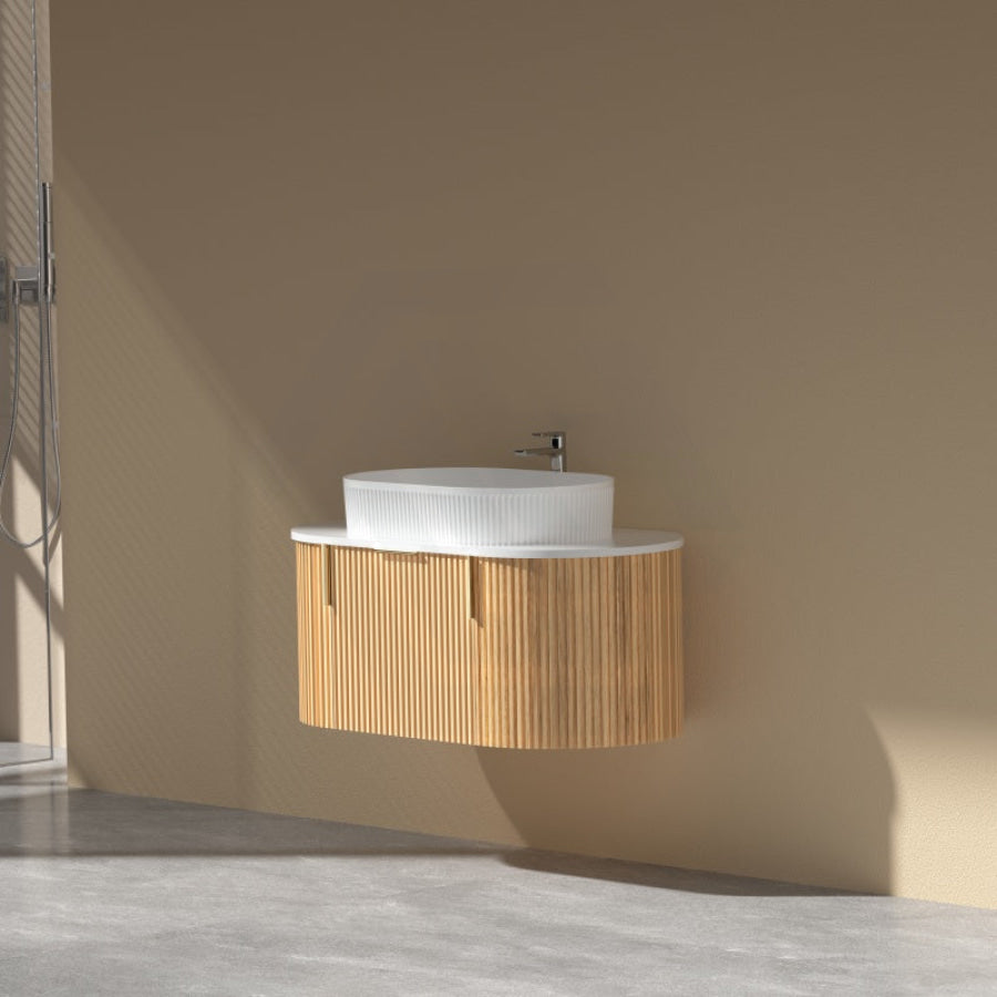 750-1200mm Carysil Walnut Plywood Wall Hung Floating Vanity Fluted with 12 O'clock Tap Hole & Center Waste Hole Stone Top Brushed Gold Handle